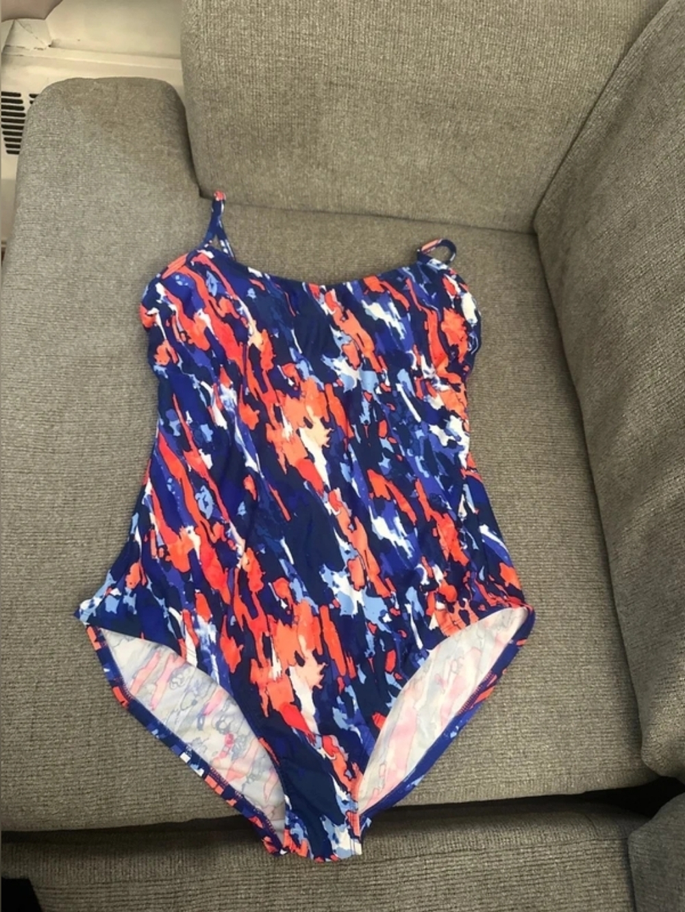 Abstract Print One-Piece Swimsuit in Navy, Coral & White